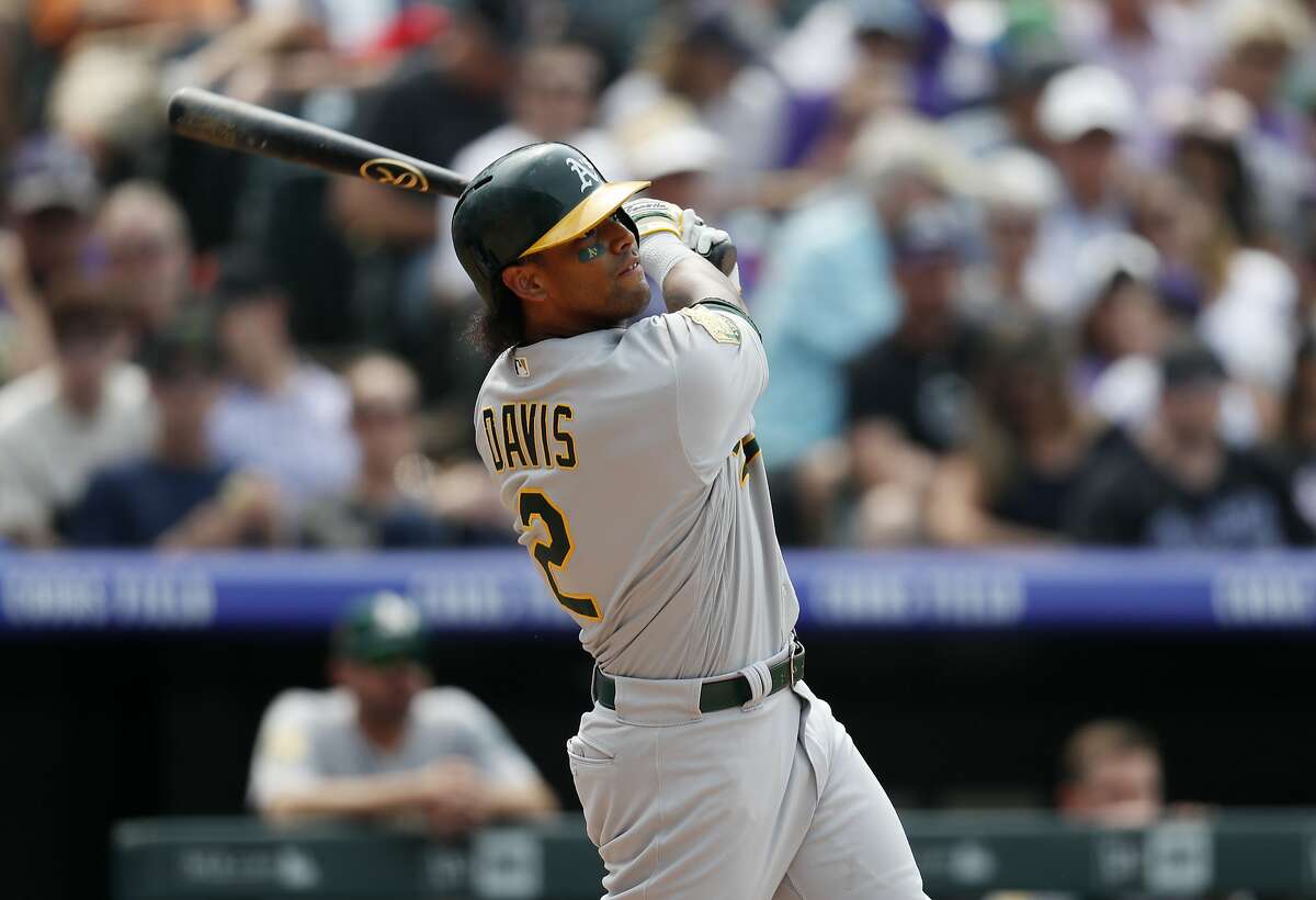 Oakland Athletics' Khris Davis follows the flight of his solo home run off Colorado Rockies starting pitcher German Marquez in the seventh inning of a baseball game Sunday, July 29, 2018, in Denver.
