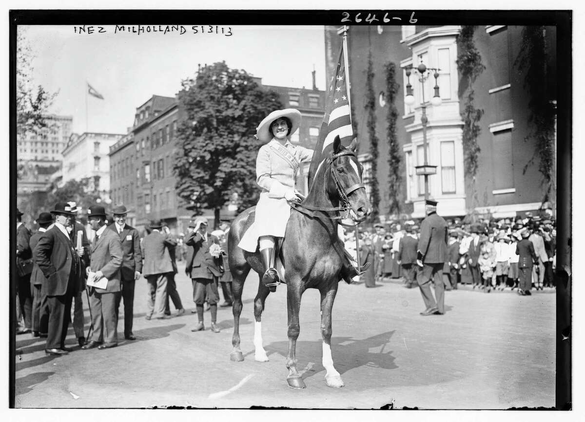 A photo provided by the Library of Congress of Inez Milholland at a women's suffrage parade in New York, May 3, 1913. New York City officials announced in June 2018 that there would soon be more statues of women on the streets and in the parks, and the city has called upon the public to make suggestions. (Bain News Service, via Library of Congress via The New York Times) -- FOR EDITORIAL USE ONLY --