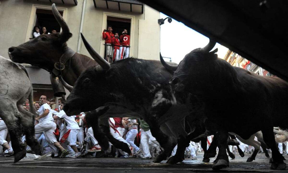 PAMPLONA, SPAIN - JULY 07: Fighting bulls and steers take a corner during the first bullrun of the San Fermin fiesta on July 7, 2010 in Pamplona, Spain. Fighting bulls run through the historic heart of Pamplona for eight days in this fiesta made famous by the 1926 novel of U.S. writer Ernest Hemmingway called 'The Sun Also Rises'. (Photo by Denis Doyle/Getty Images)