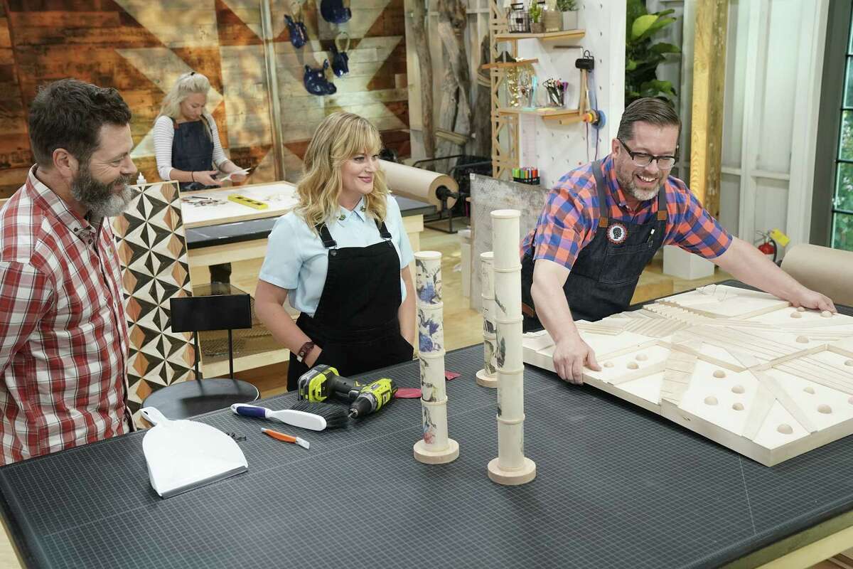 MAKING IT -- "You Crafty" Episode 101 -- Pictured: (l-r) Nick Offerman, Amy Poehler, Robert -- (Photo by: Paul Drinkwater/NBC)
