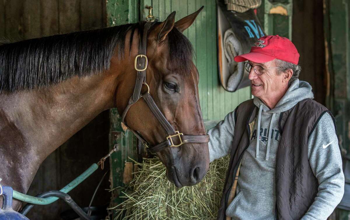 Trainer Rick Violette stands with possible Whitney entrant Diversify this morning in his barn on the Saratoga Race Course backstretch Monday July 30, 2018 in Saratoga Springs, N.Y. (Skip Dickstein/Times Union)