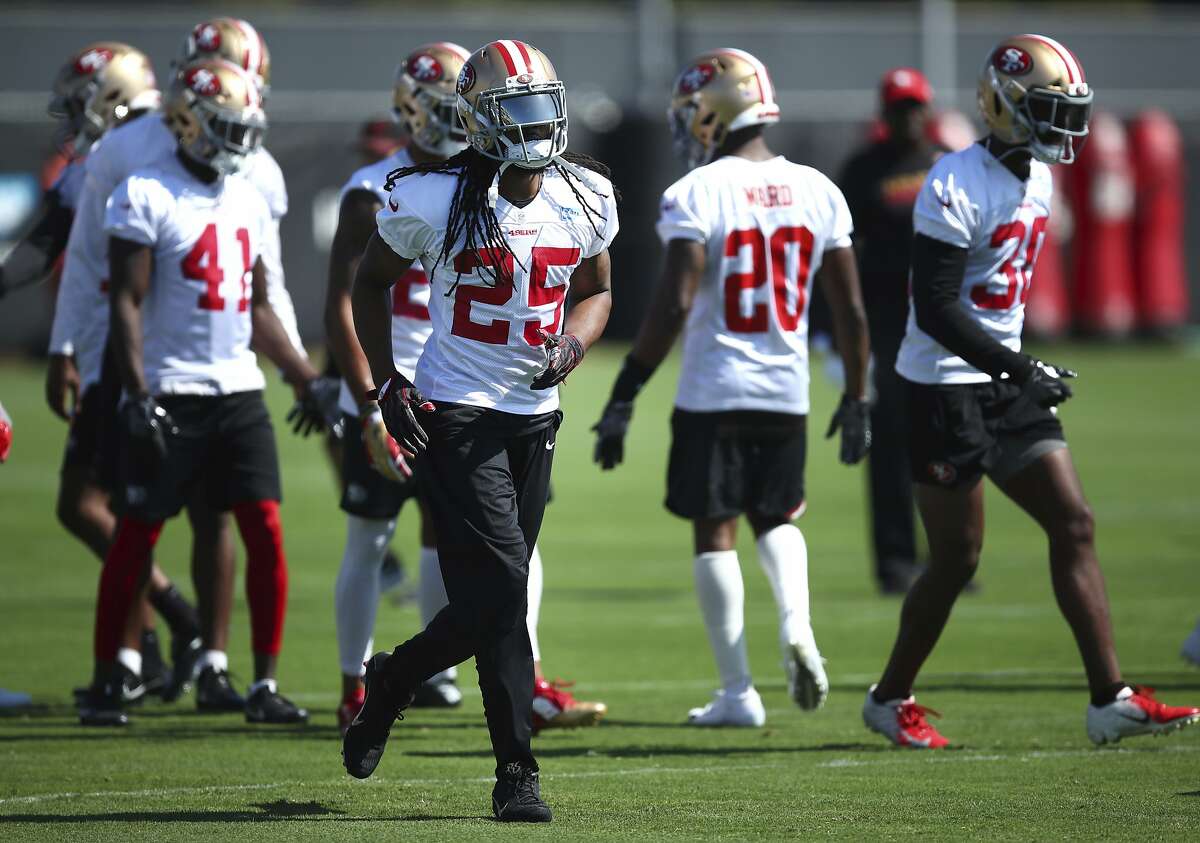 San Francisco 49ers' Richard Sherman (25) runs during NFL football practice at the team's headquarters Thursday, July 26, 2018, in Santa Clara, Calif.