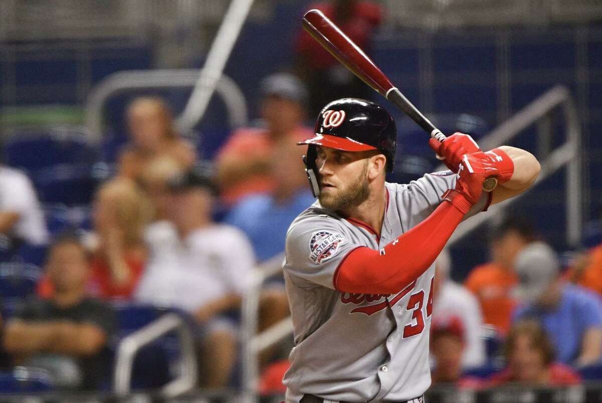 MIAMI, FL - JULY 26: Bryce Harper #34 of the Washington Nationals at bat in the seventh inning against the Miami Marlins at Marlins Park on July 26, 2018 in Miami, Florida.