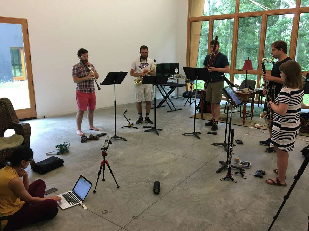 Niloufar Nourbakhsh rehearses with Akropolis Reed Quintet at I-Park in East Haddam in preparation for concerts on Aug. 4 and Aug. 6.