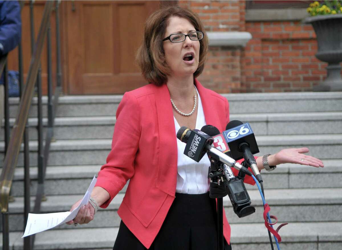 Saratoga Springs Commissioner of Finance Michele Madigan speaks during a press conference about the call for an investigation into sexual harassment findings against Michael Prezioso Tuesday, June 2, 2015, at Saratoga City Hall in Saratoga Springs, N.Y. (Phoebe Sheehan/Special to the Times Union)
