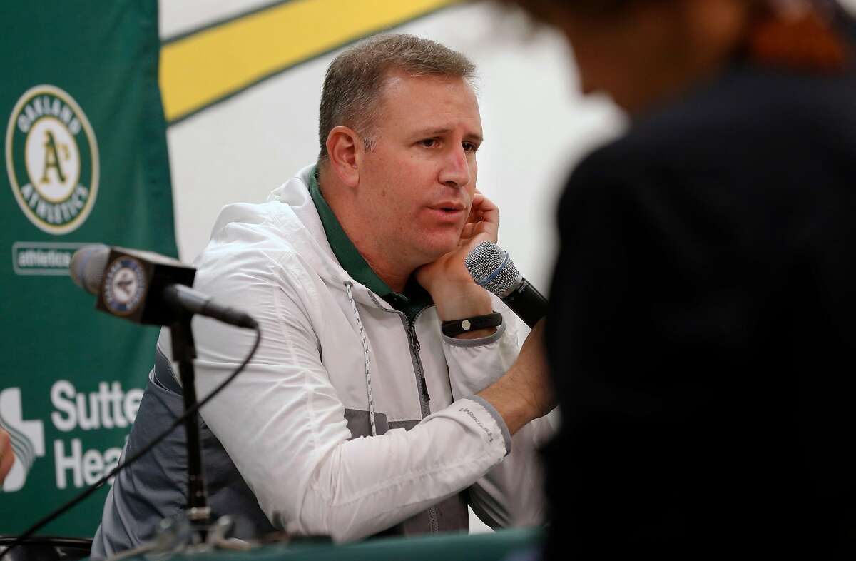 Oakland Athletics' general manager David Forst talks about the season during a press conference at the Oakland Coliseum on Mon. Oct. 2, 2017, in Oakland, Ca.