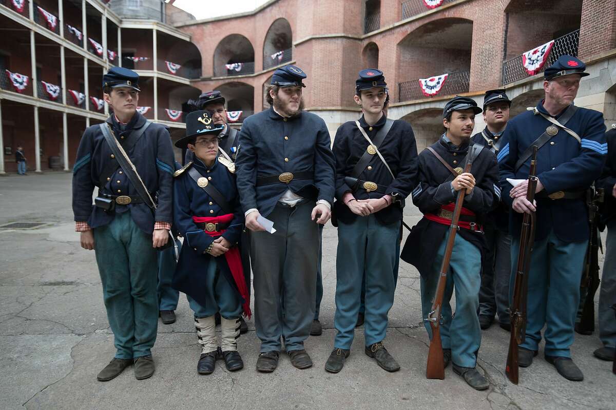 Cormac Kelly, Harrison Holland, Jamin Gjerman, Joseph Dickinson, Cordell Brown, and Dale Mossberger at Civil War living history day at Fort Point on Saturday, Aug. 19, 2017 in San Francisco, CA.