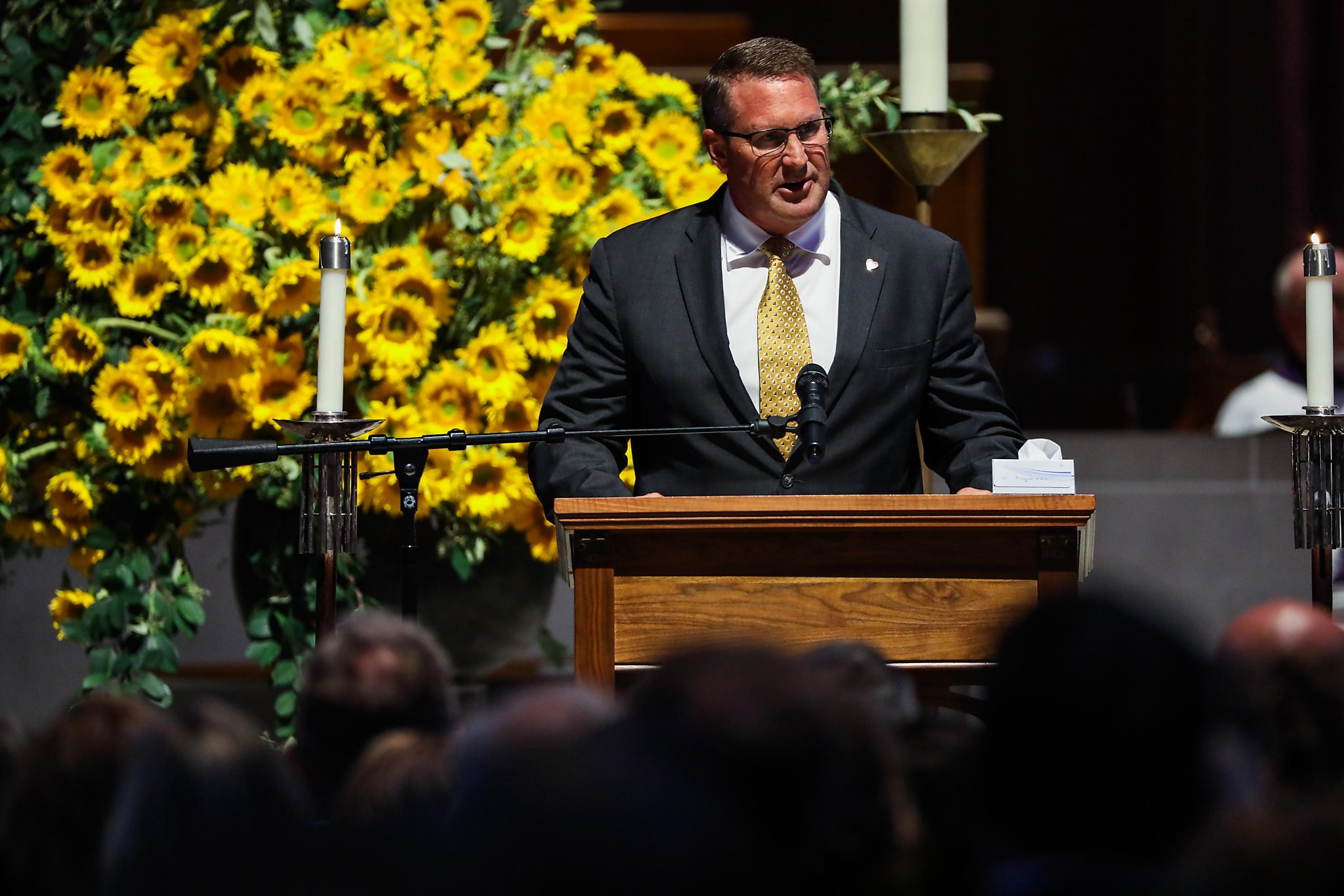 Former San Francisco 49ers owner Edward J. DeBartolo Jr., delivers the  eulogy during a memorial service at Grace Cathedral for San Francisco 49ers  great Dwight Clark, Wednesday, Aug. 1, 2018, in San