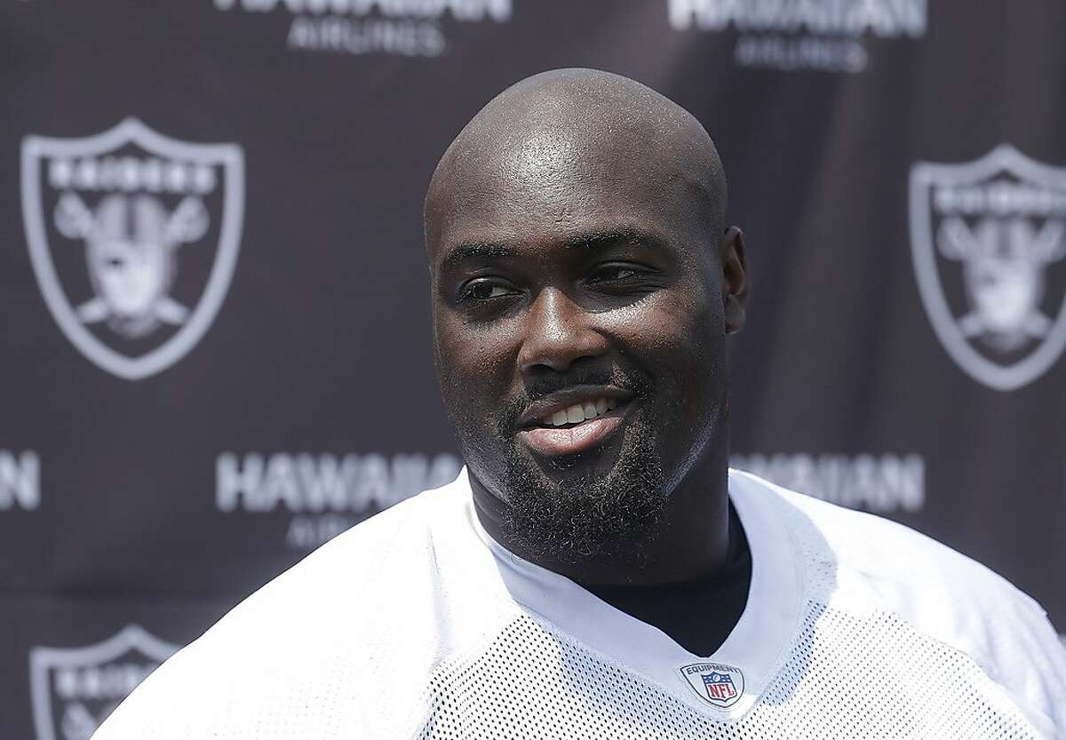 Oakland Raiders guard Rodney Hudson speaks to reporters after NFL football practice in Napa, Calif., Wednesday, Aug. 1, 2018. (AP Photo/Jeff Chiu)