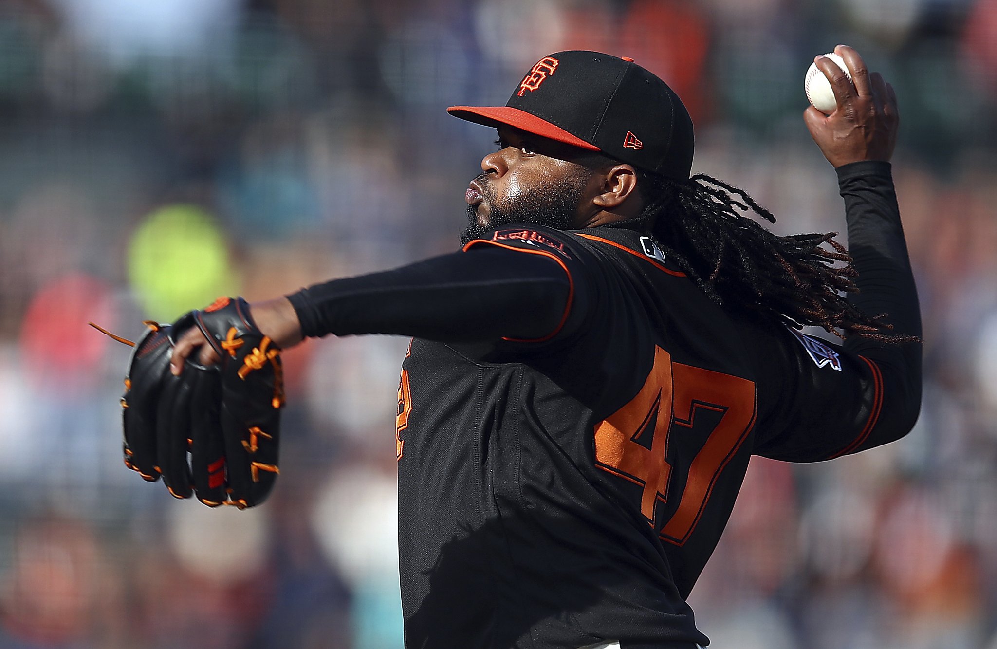 Johnny Cueto of the San Francisco Giants pitches against the Oakland