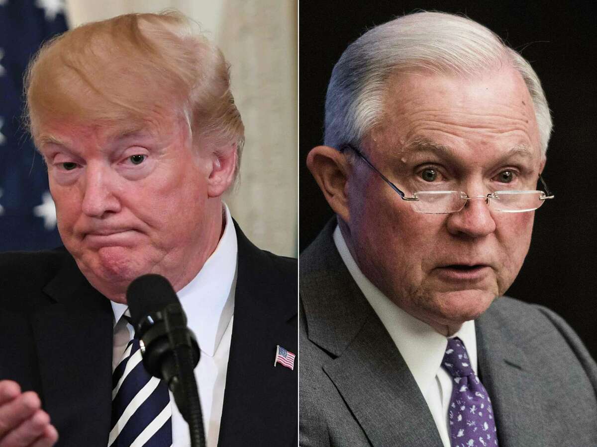 (COMBO) This combination of pictures created on August 1, 2018 shows US President Donald Trump(L)during a joint press conference in the East Room of the White House in Washington, DC, July 30, 2018, and US Attorney General Jeff Sessions addressing the National Sheriffs' Association opioid roundtable in Washington, DC, on May 3, 2018. US President Donald Trump called August1, 2018 on Attorney General Jeff Sessions to end the investigation into Russia's interference in the 2016 US elections, calling it "a disgrace to USA." The president's latest tweet on the probe led by special counsel Robert Mueller came on the second day of a trial of former Trump campaign chairman Paul Manafort on unrelated bank and tax fraud charges."This is a terrible situation and Attorney General Jeff Sessions should stop this Rigged Witch Hunt right now, before it continues to stain our country any further," Trump said, calling Mueller's probe "a disgrace to USA." / AFP PHOTO / SAUL LOEB AND NICHOLAS KAMMSAUL LOEB,NICHOLAS KAMM/AFP/Getty Images