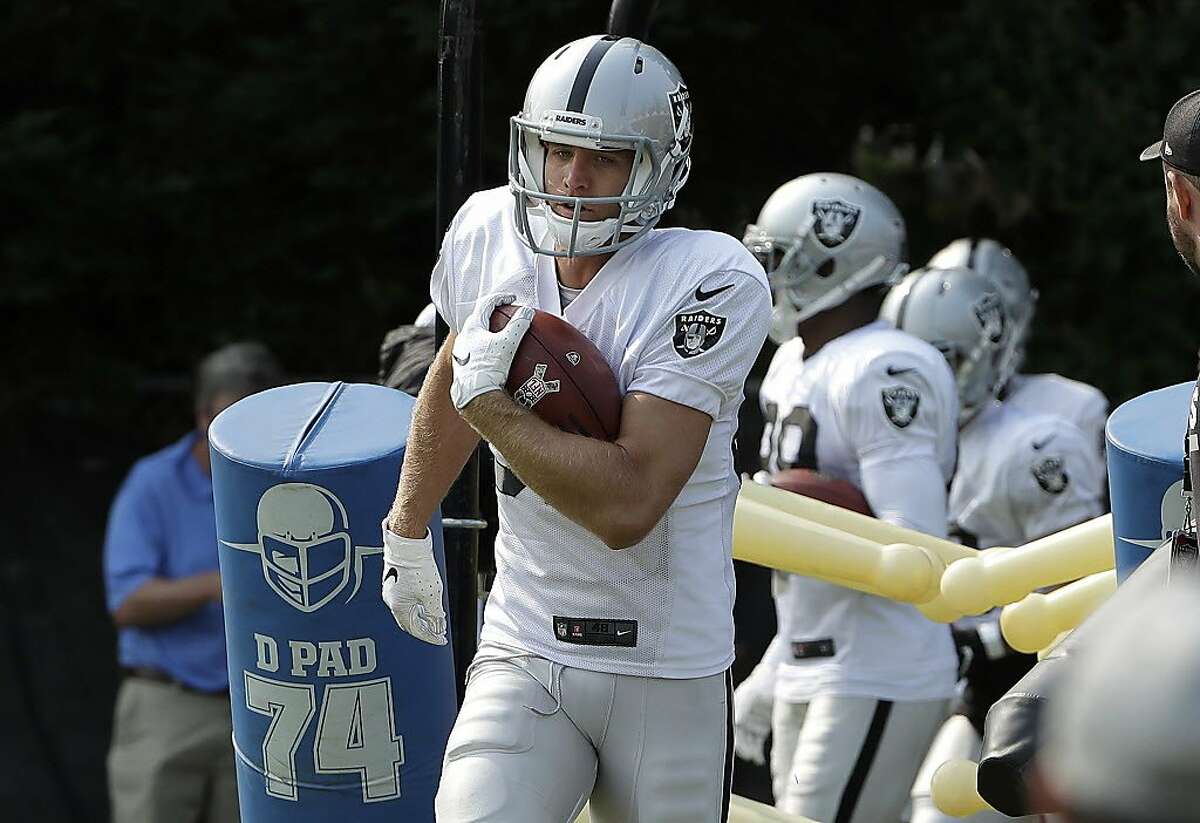 Oakland Raiders' Jordy Nelson runs a drill during NFL football practice in Napa, Calif., Wednesday, Aug. 1, 2018. (AP Photo/Jeff Chiu)