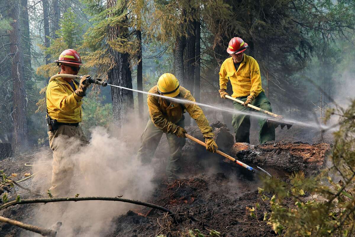 Firefighters work to put out hotspots in the wilderness about 25 miles west of Redding, Calif., on Wednesday, Aug. 1, 2018. Six California firefighters have died this year so far, well above the average, and four of those deaths came in July. (Jim Wilson/The New York Times)
