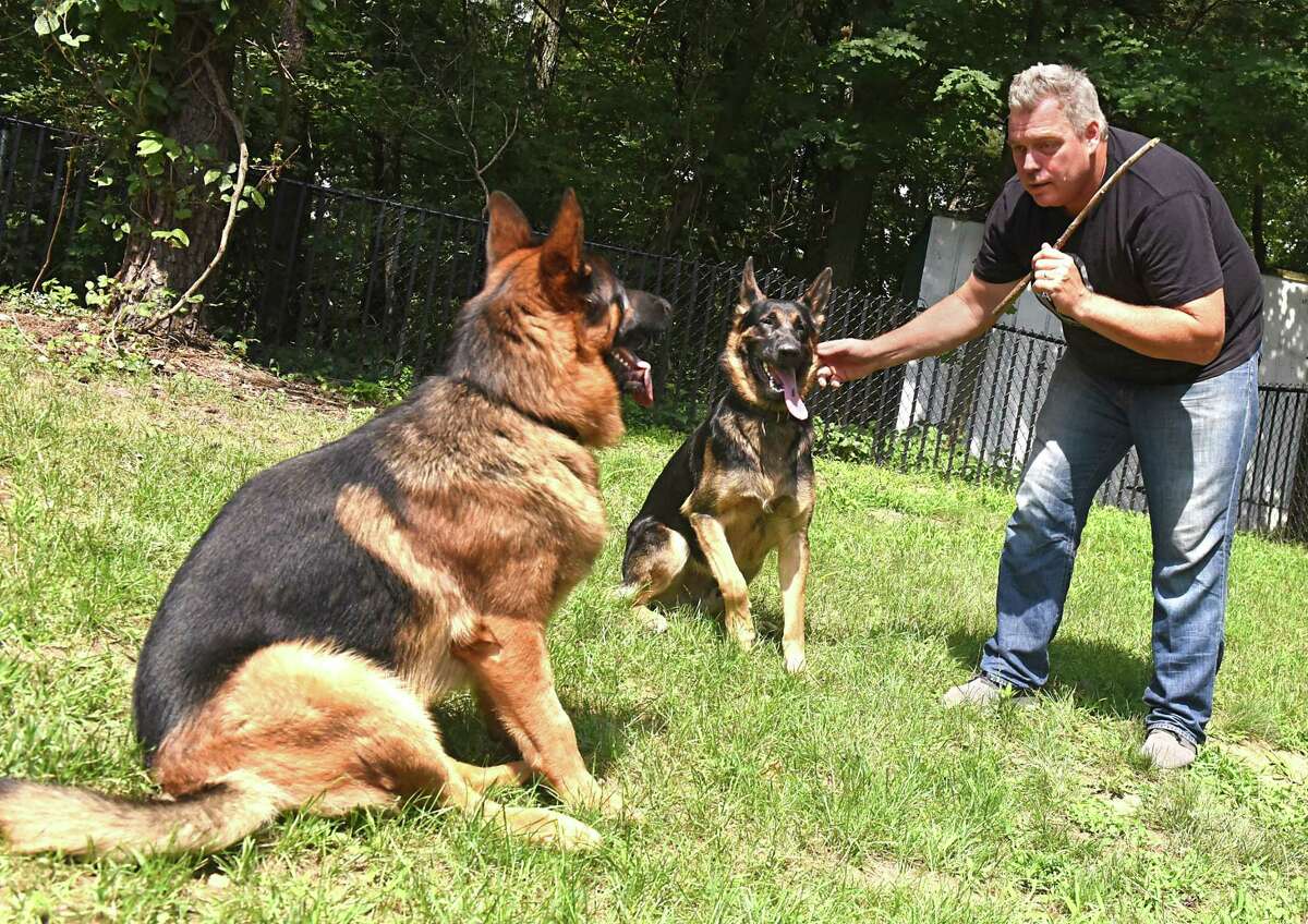 John Gray plays with his German shepherds Sebastian, left, and Winston at his home on Tuesday July 31, 2018 in Wynantskill N.Y. Gray wrote a book called "God Needed a Puppy" to help kids cope when a pet dies. (Lori Van Buren/Times Union)