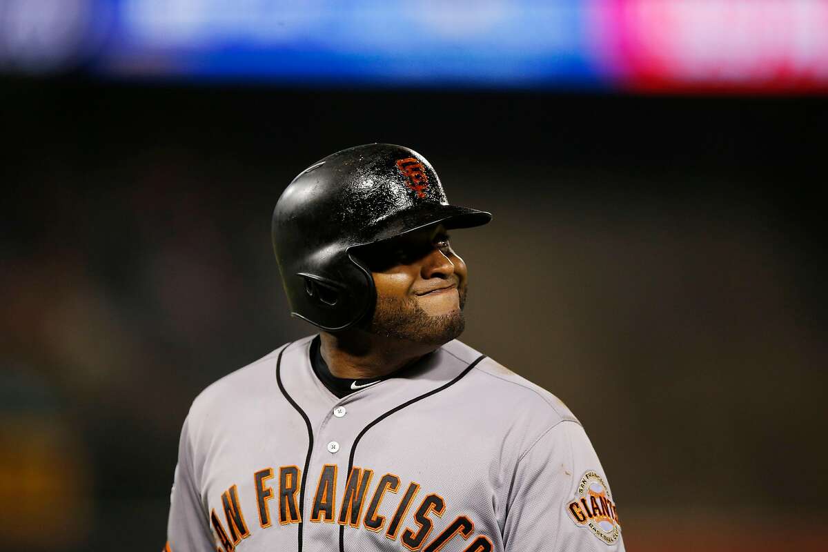San Francisco Giants third baseman Pablo Sandoval (48) reacts after being out at first on his grounder against the Oakland Athletics at the Oakland Coliseum on Saturday, July 21, 2018, in Oakland, Calif.