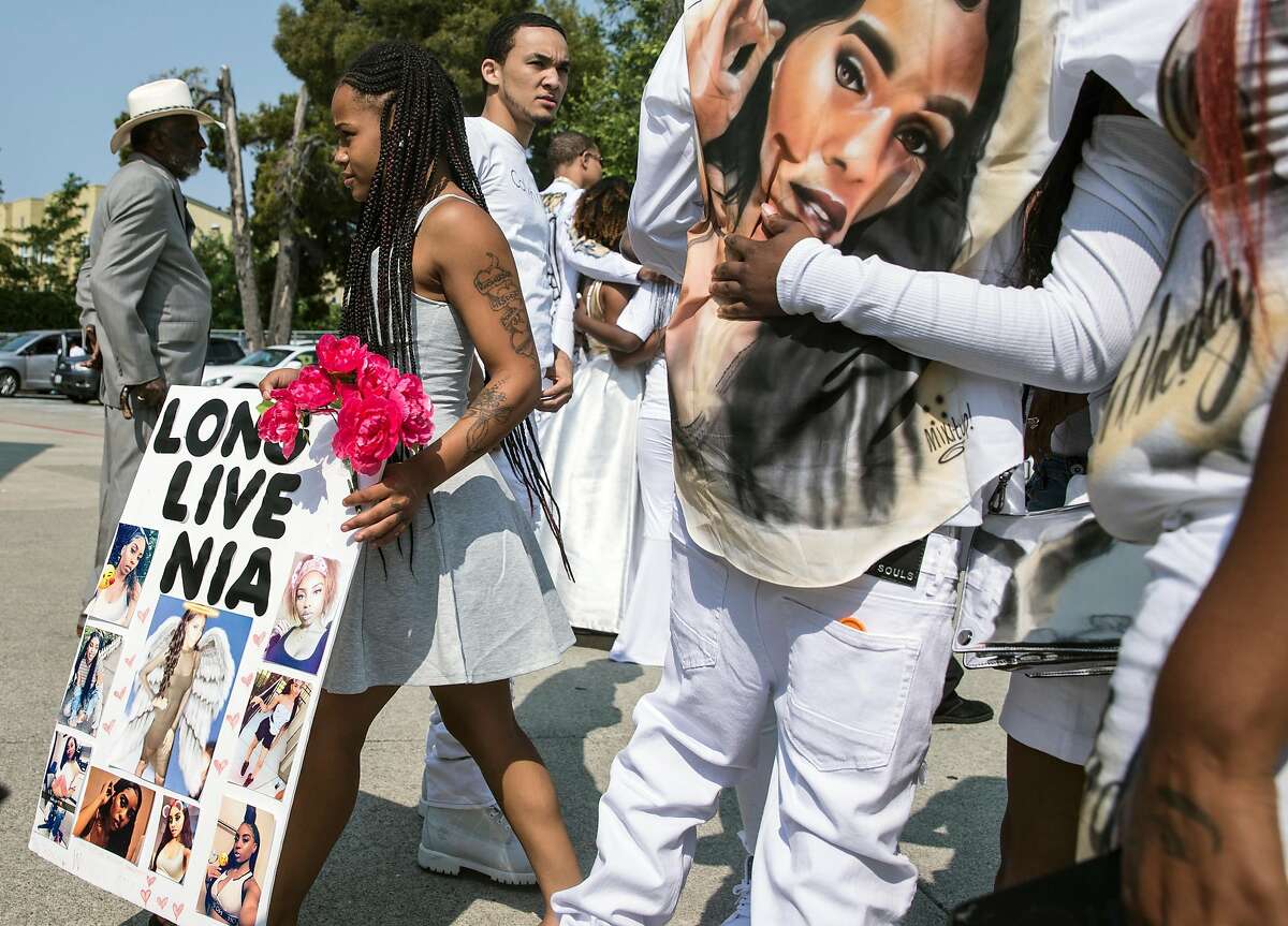 During a funeral service held for 18-year-old Nia Wilson of Oakland at Acts Full Gospel Church in Oakland, Calif. Friday, Aug. 3, 2018. Wilson was killed Sunday, July 22, 2018 at Macarthur Bart station in Oakland, Calif.