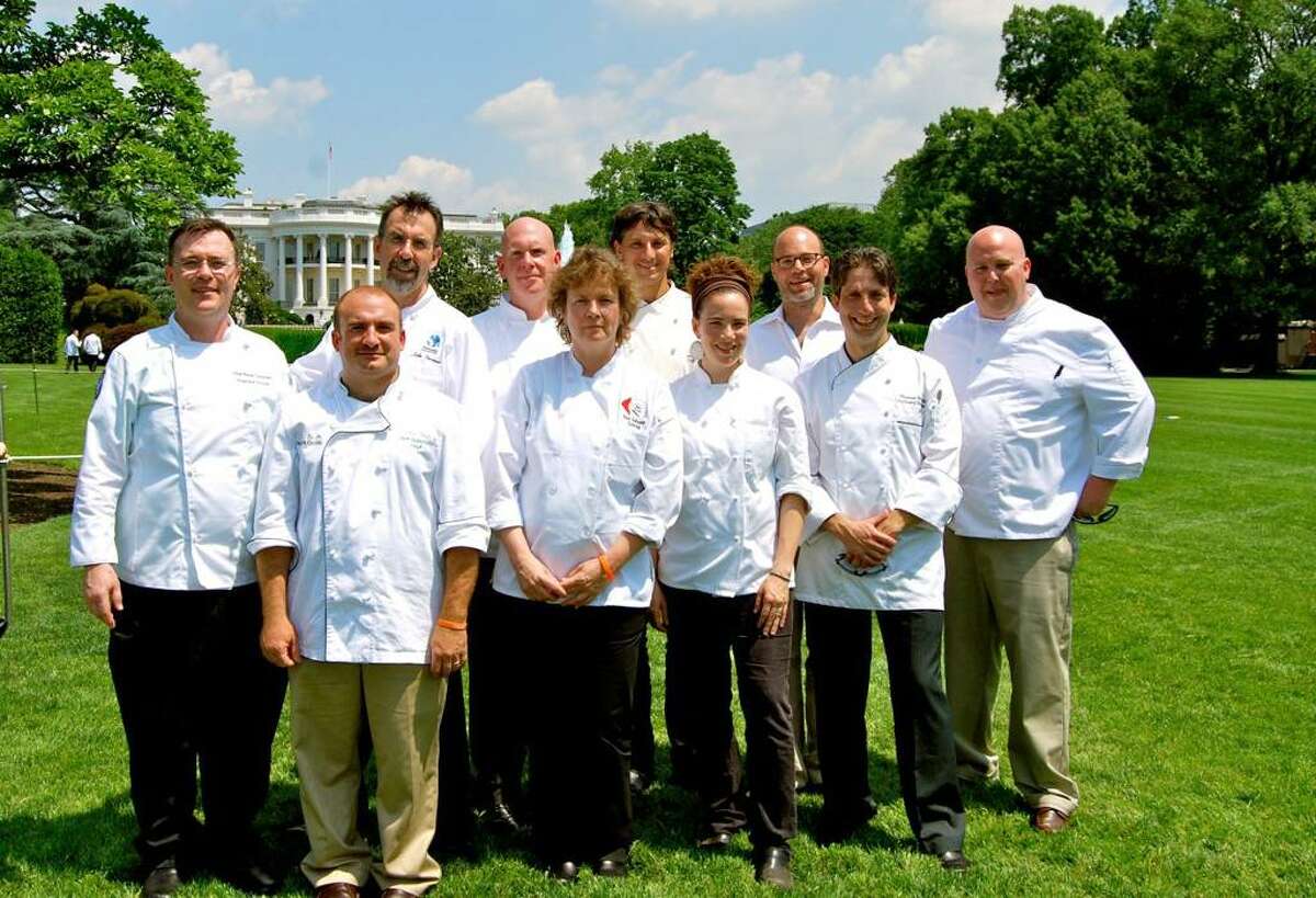 A group of chefs from Connecticut who went to the White House to meet with First Lady Michelle Obama, left to right, Peter Gorman of Unquowa School in Fairfield, Jeff Borofsky of Wood Fired Mobile Pizza company, John Turenne of Sustainable Food Systems LLC, Tim Cipriano of the New Haven public school systems, Anne Gallagher of Anne Gallagher Catering and Plow to Plate, Mark Shadle of It's Only Natural in Middletown, Tagan Engel of New Haven, Jonathan Rapp of River Tavern in Chester, Thomas Peterlik of Yale University, and Tyler Anderson of Copper Beech Inn in Essex.