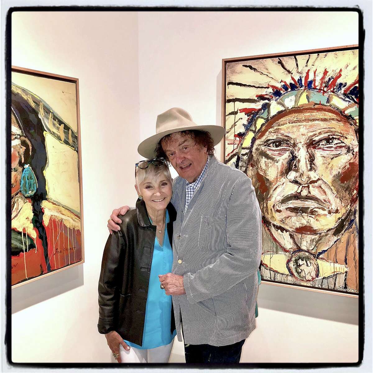Gail Glasser and her pal, artist Ira Yeager at the opening of his Calistoga gallery. July 8, 2018.