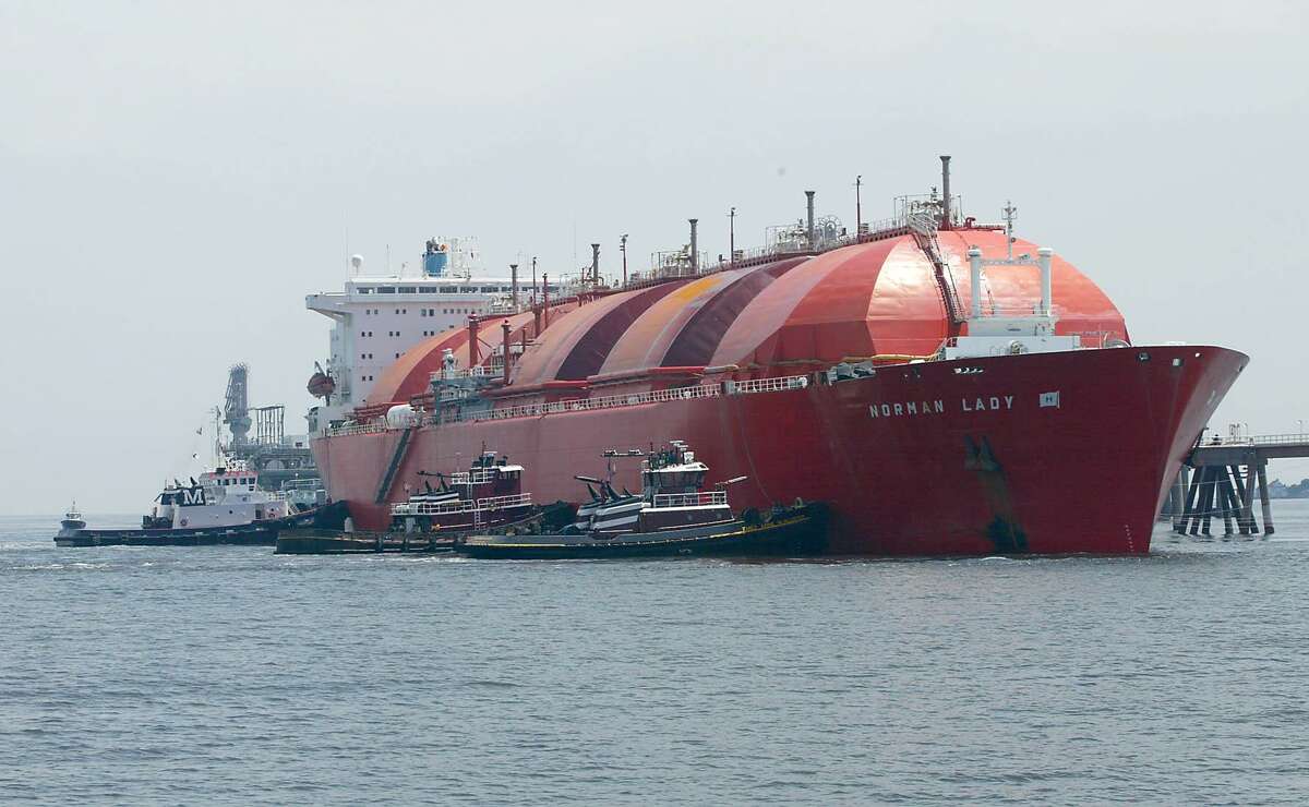 The "Norman Lady" filled with liquefied natural gas from a BP Energy facility in Trinidad docks at the Dominion Natural Gas Plant's offshore docking facility.