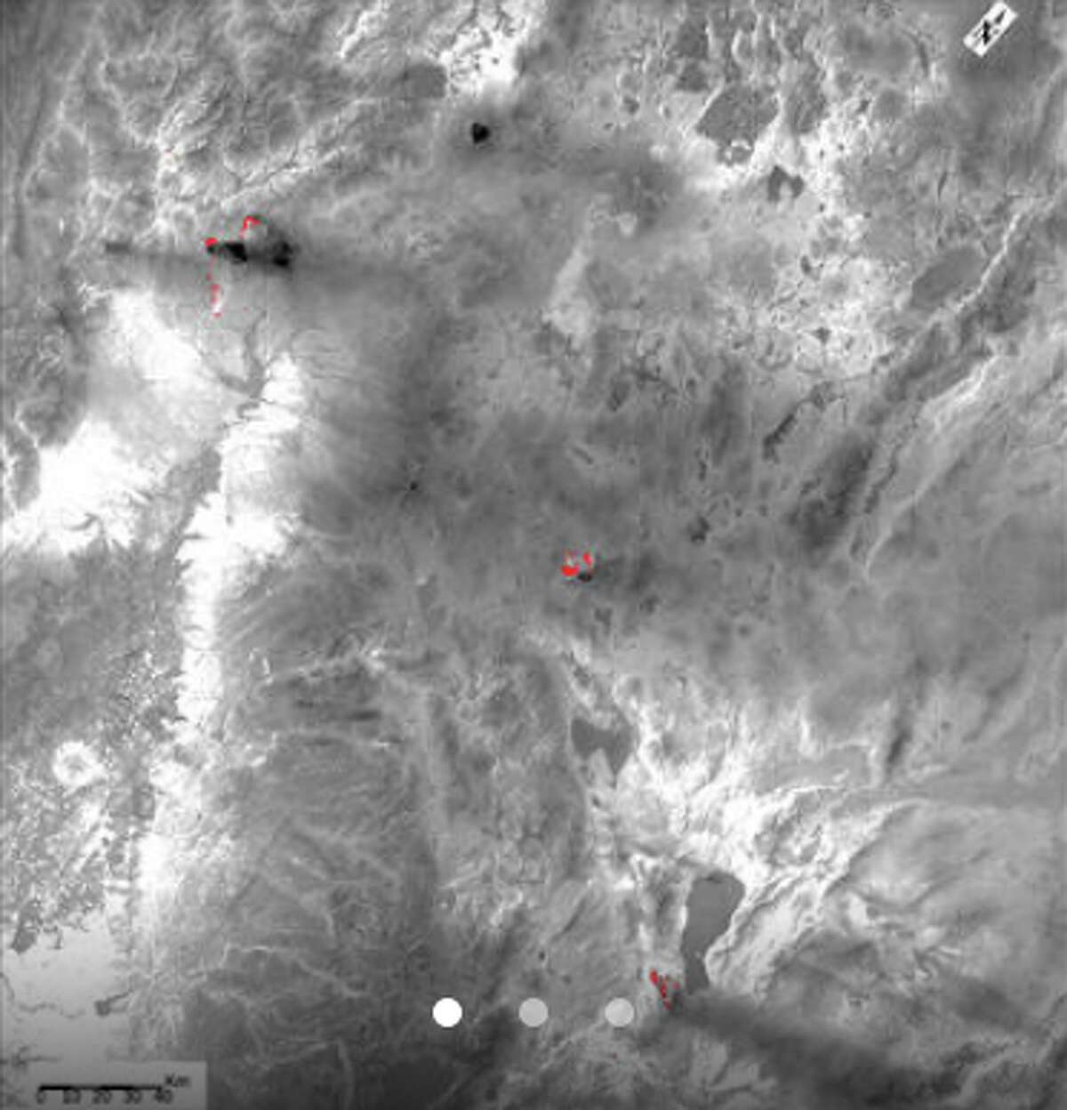ECOSTRESS image acquired on July 28 shows three wildfires burning in the western US (in red) -- the Carr and Whaleback fires in California, and the Perry Fire in Nevada.