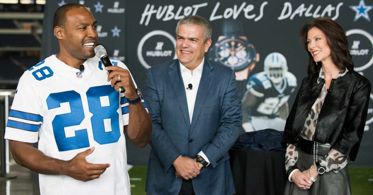 ARLINGTON, TX - NOVEMBER 01: (L-R) Darren Woodson, Ricardo Guadalupe and Charlotte Jones Anderson unveil the Hublot Big Bang Dallas Cowboys timepieces at AT&T Stadium on November 1, 2015 in Arlington, Texas. (Photo by Cooper Neill/Getty Images for Hublot)