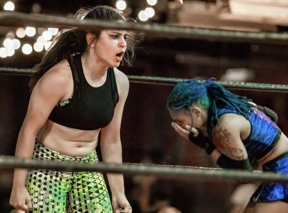 Recent Marquette High School graduate Marissa Nosco, known in the ring as Savanna Stone, reacts as her opponent recovers from a blow Friday at the Dynamo Pro Wrestling event Riot on the River at the Loading Dock. Stone is becoming a national name in the world of wrestling. Even before graduating from Marquette this year, she became the youngest wrestler to ever appear in a WWE match at 17. That was on Feb. 5 against Nia Jax, on a nationally televised episode of Monday Night Raw.