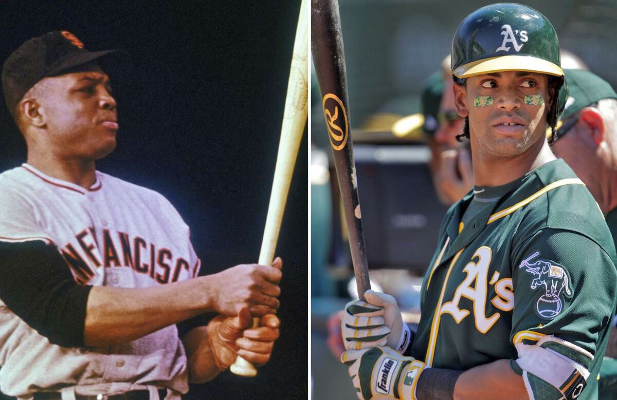 American baseball player Willie Mays of the San Francisco Giants, circa 1965. (Getty Images) ; The Oakland Athletics's Khris Davis on deck during the seventh inning of a game against the Detroit Tigers at the Coliseum in Oakland on Sunday, August 5, 2018. (Carlos Avila Gonzalez / The Chronicle)