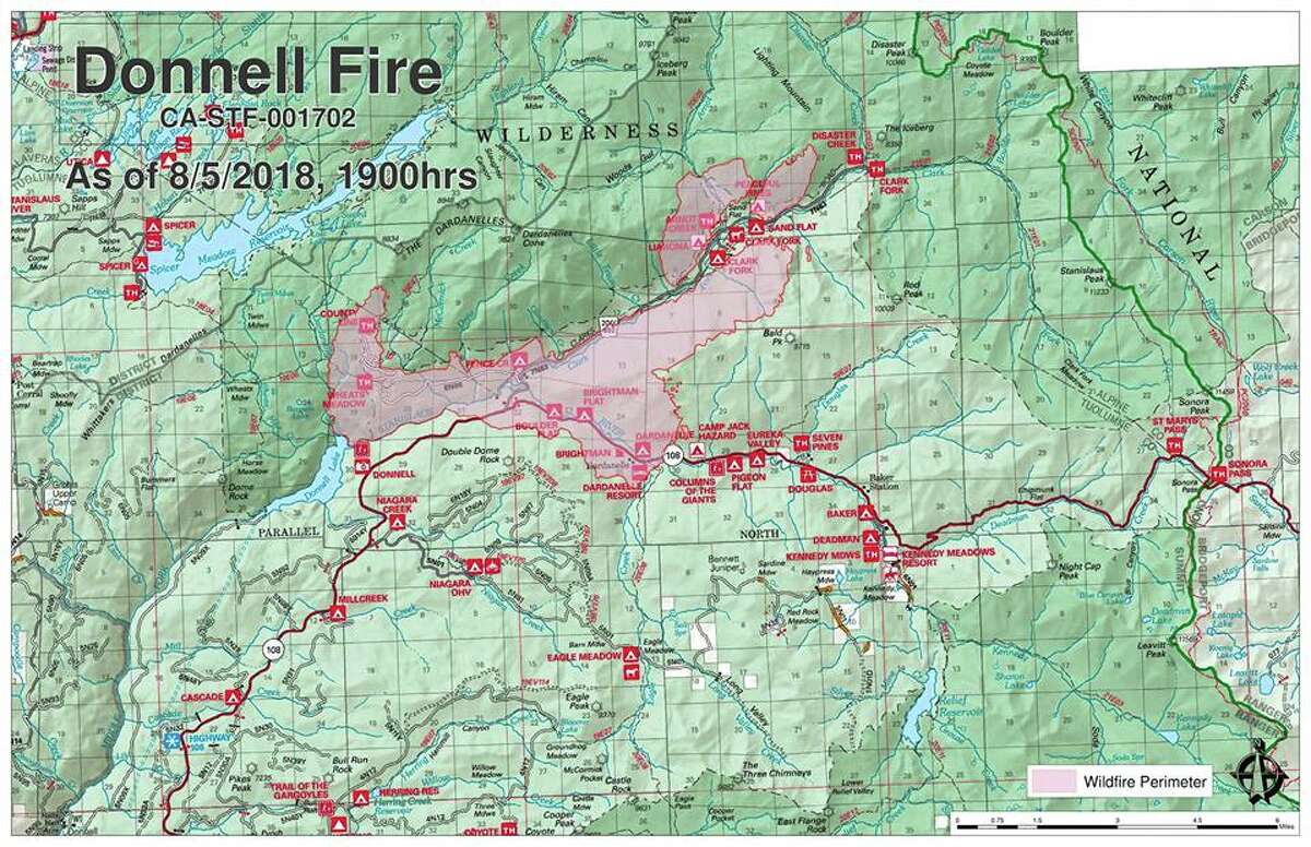 The Donnell Fire has raced across more than 12,000 acres since it started on Aug. 1 on the east side of Donnell Lake. The blaze was 1 percent contained as of Aug. 6.
