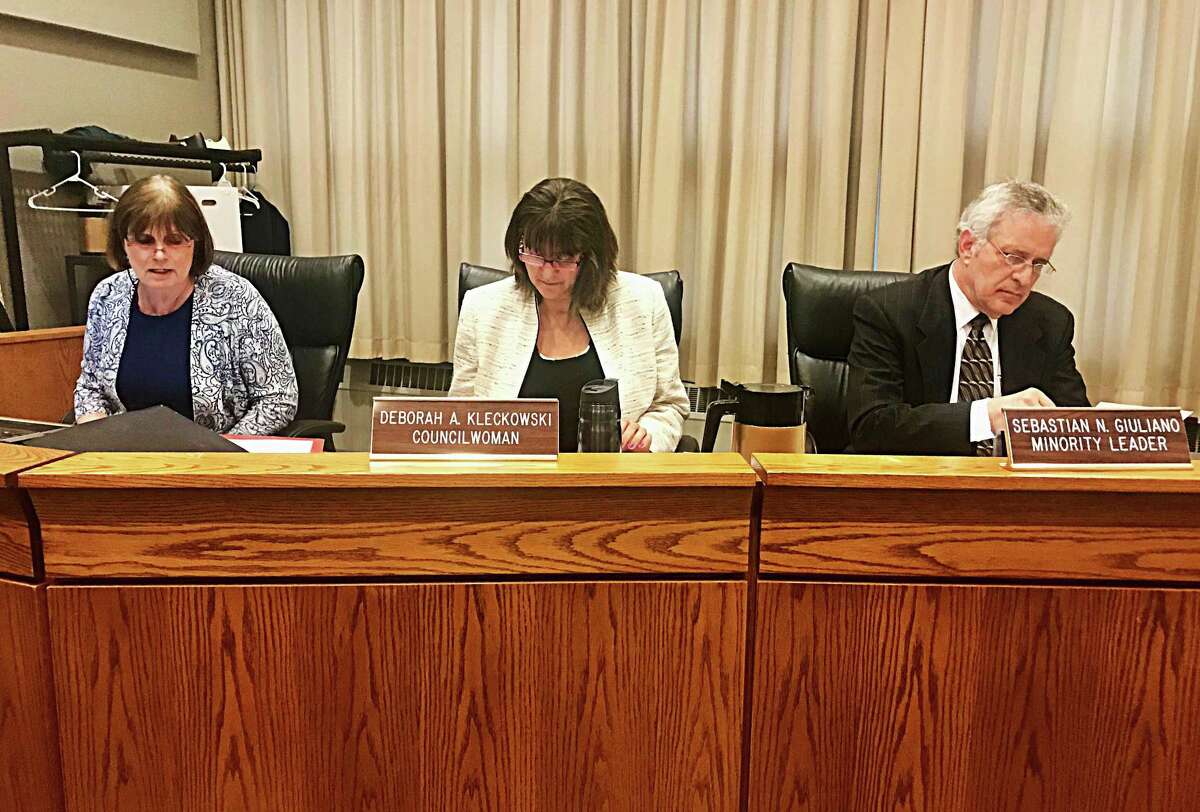 From left, Middletown Common Council Clerk Linda Reed and council members Deborah Kleckowski and Sebastian N. Giuliano are shown at a budget meeting.