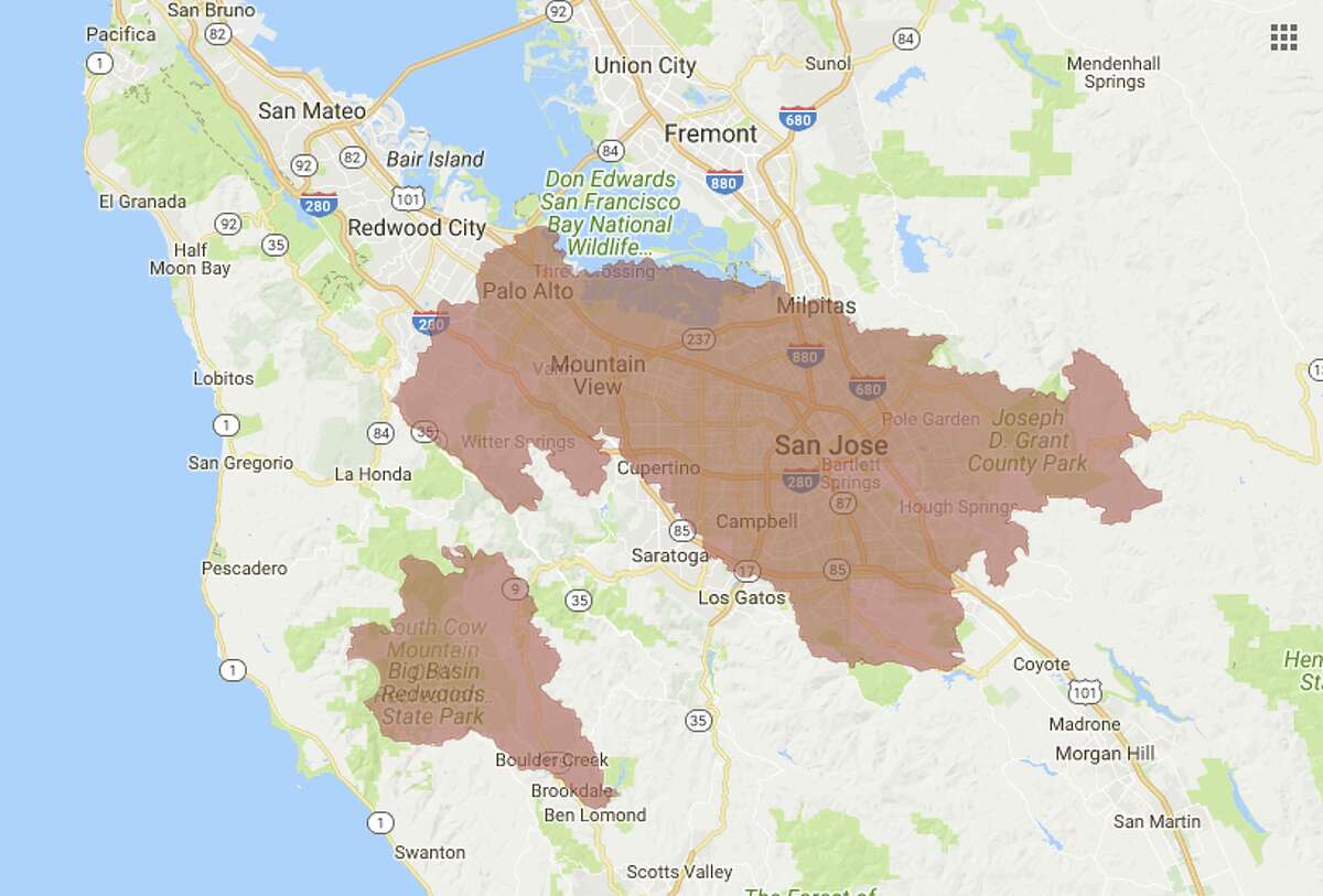 The Mendocino Complex Fire outer boundary as of August 7, 2018 laid over the city of San Jose. The Ranch Fire near Ukiah and the River Fire north of Hopland make up what many are calling the Mendocino Complex Fires. Together they have charred 443 square miles and are now the largest wildfire ever in California.