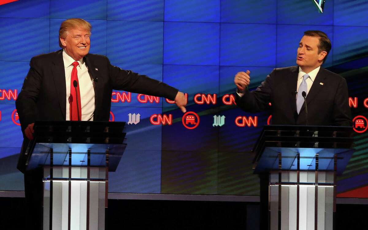 Republican presidential candidates Donald Trump, left, and Sen. Ted Cruz during the GOP presidential primary debate at the University of Miami's Bank United Center in Coral Gables, Fla., on Thursday, March 10, 2016. (Pedro Portal/El Nuevo Herald/TNS)