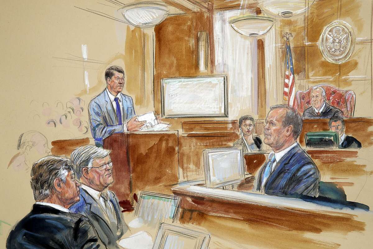 This courtroom sketch depicts Rick Gates, right, testifying during questioning by prosecutor Greg Andres, standing at left, as former Trump campaign chairman Paul Manafort, far left, sits with his lawyer Kevin Downing as Manafort's trial continues at federal court in Alexandria, Va., Tuesday, Aug. 7, 2018. U.S. district Judge T.S. Ellis III presides at top right. (Dana Verkouteren via AP)