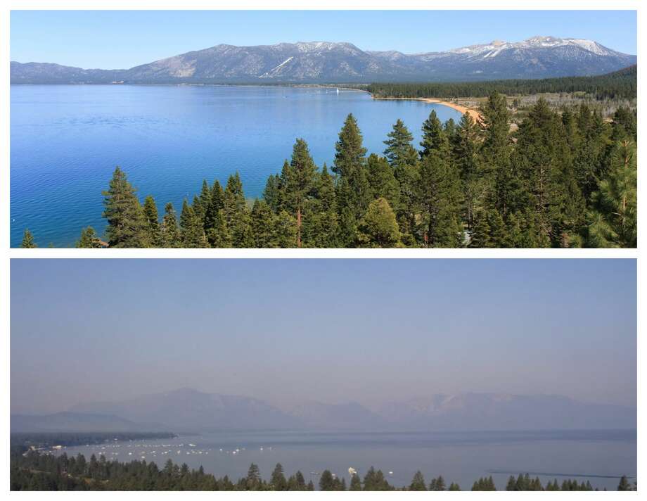 Lake Tahoe
Top: Lake Tahoe on a clear summer day
Bottom: Lake Tahoe on Aug. 7, 2018, in a wildfire smoke haze Photo: Top: Getty, Bottom, South Lake Webcam