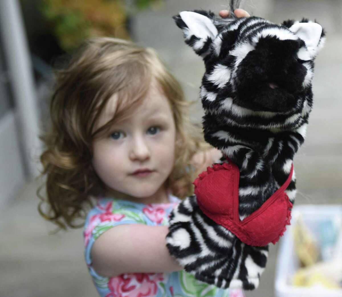 Henley Belle Johnson, 3, plays with a zebra puppet wearing a bra, a reference to her new kids joke book "What Underwear Does A Zebra Wear?" at her home in Greenwich, Conn. Monday, Aug. 6, 2018. Henley and her mother, Elle Muliarchyk, came up with jokes in the new book, which was released in early July and has become an Amazon bestselling children's joke book. Muliarchyk said of the zebra’s bra, “By the way, it’s Calvin Klein. At first, I made it flat, but it wasn’t that funny. I made it a C-cup, because I wanted to make it more relatable.”