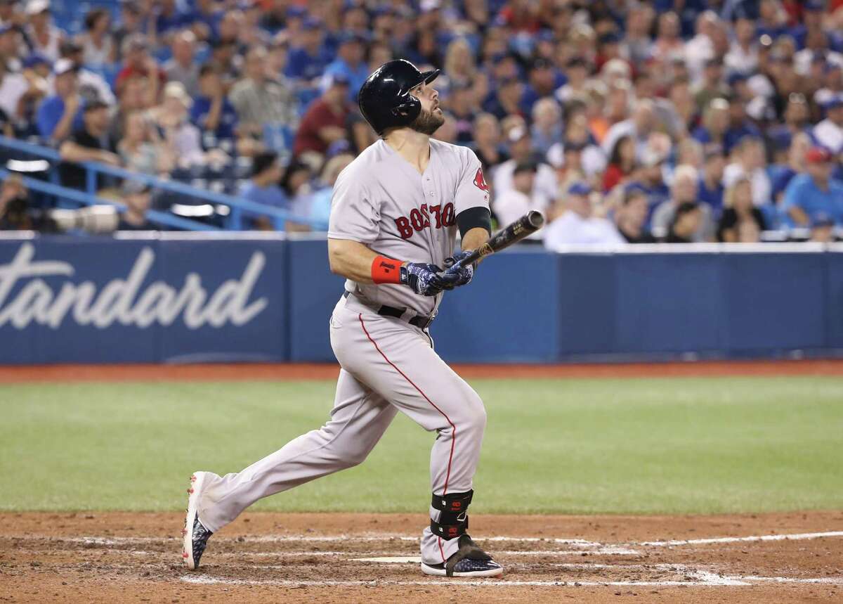 Mitch Moreland of the Boston Red Sox looks on during batting