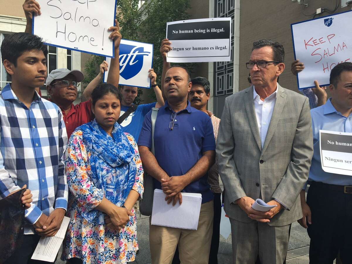 Samir Mahmud, his mother Salma Sikandar, his father Anwar Mahmud attend ICE protest with Gov. Dannel P. Malloy
