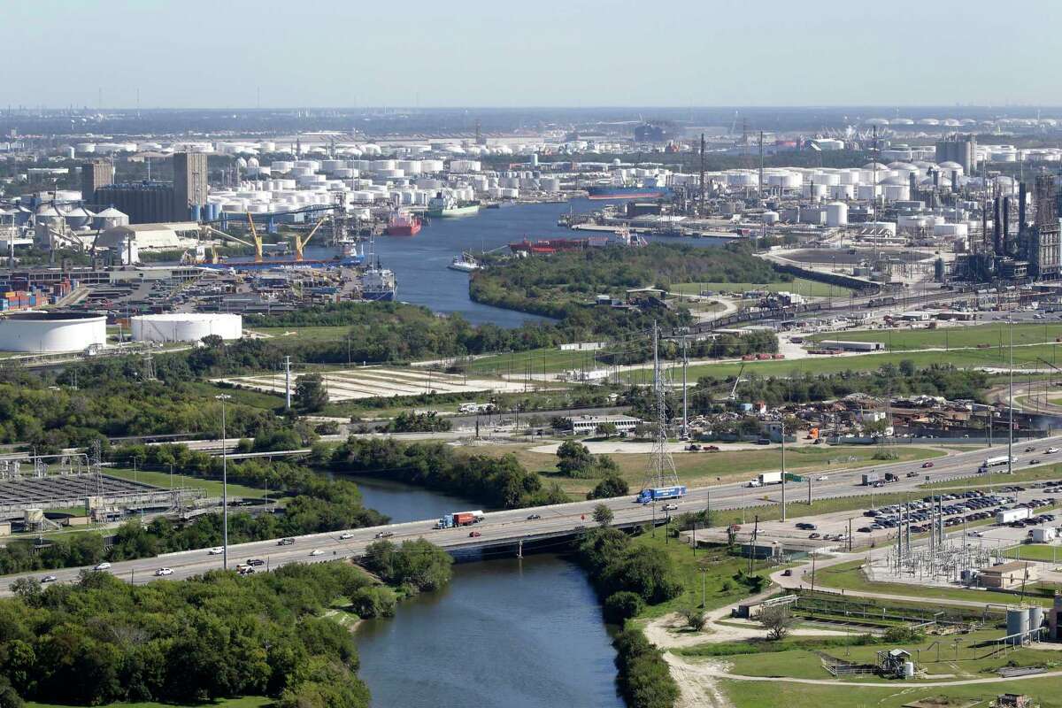 An aerial view of Sims Bayou with Buffalo Bayou as it flows through the Houston Ship Channel in the background.