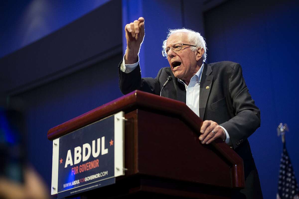 U.S. Sen. Bernie Sanders (I-Vermont) speaks in support of Abdul El-Sayed at a Get Out The Vote rally for Michigan Democratic gubernatorial candidate Abdul El-Sayed at Cobo Center in Detroit on Sunday, Aug. 5, 2018. (Jacob Hamilton/Ann Arbor News via AP)