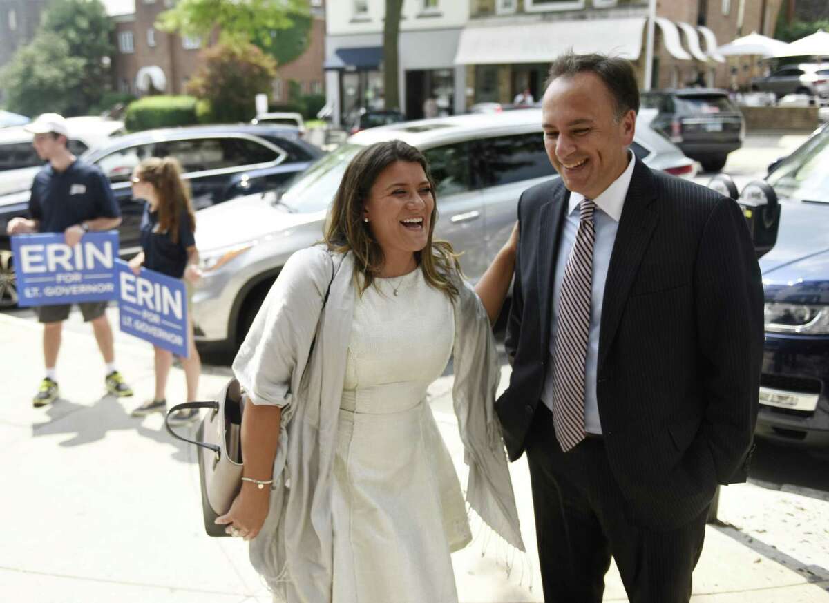 New Britain Mayor and Leiutenant Governor candidate Erin Stewart tours local businesses with Greenwich First Selectman Peter Tesei to drum up support for Stewart's campaign in Greenwich, Conn. Wednesday, Aug. 8, 2018.