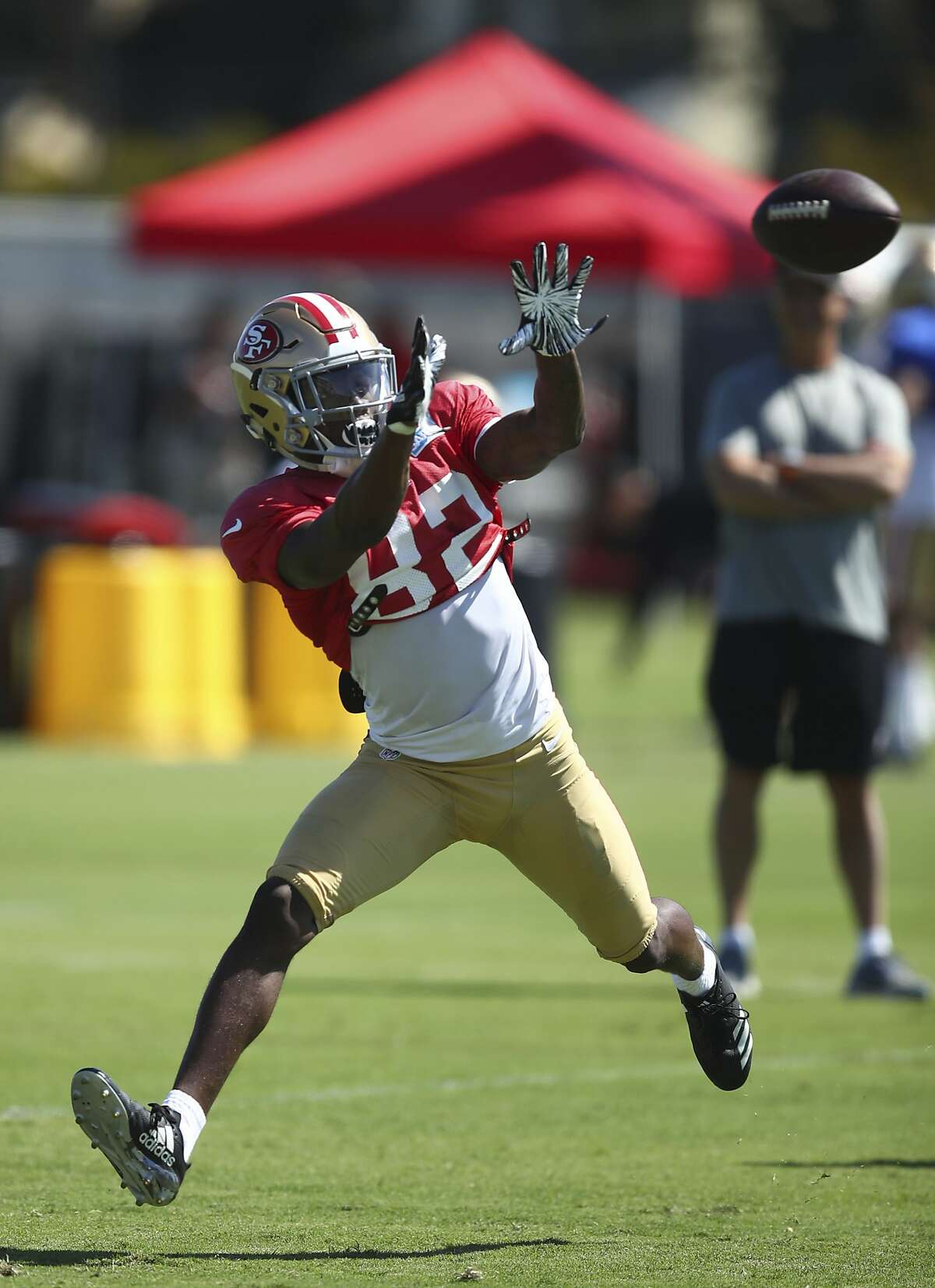 San Francisco 49ers wide receiver Richie James (13) reacts after