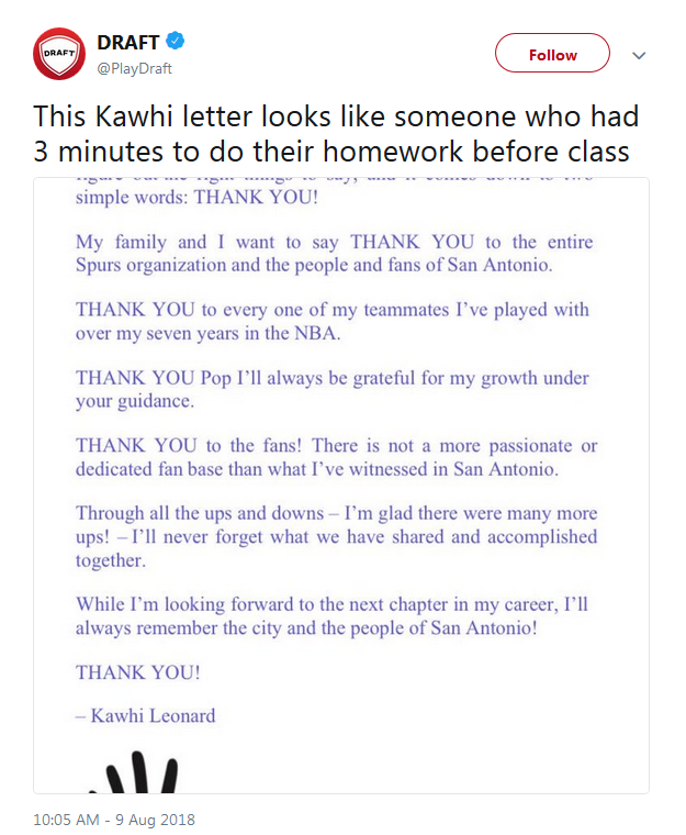 Kawhi best sale goodbye letter