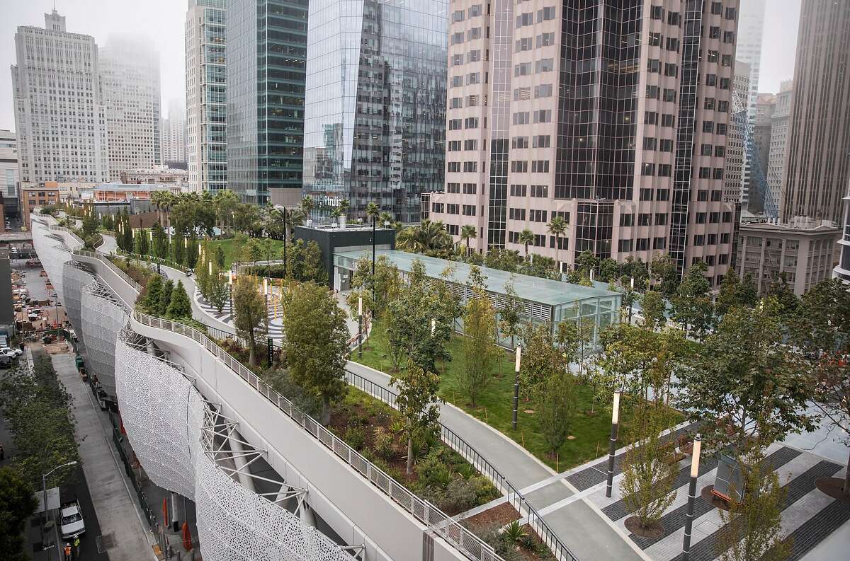 The Transbay Transit Center is seen from the BlackRock offices roof deck in San Francisco, Calif. Wednesday, Aug. 1, 2018.