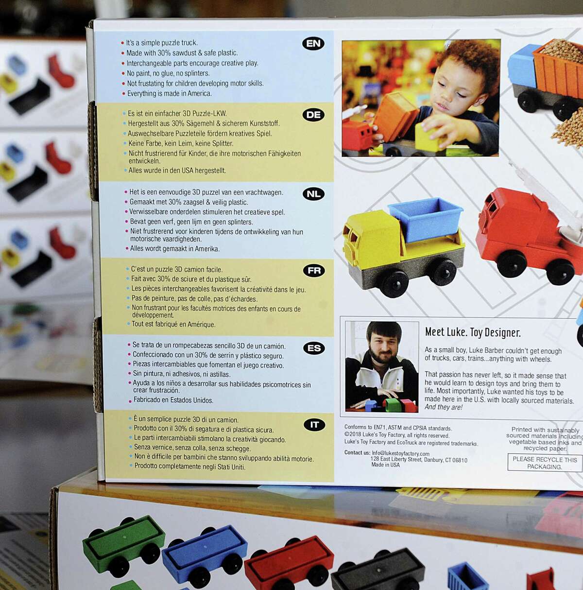 James Barber and son Luke of Luke's Toy Factory have packaging made specifically for their European market.