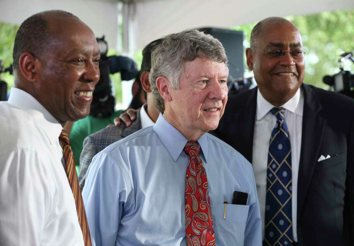 Houston Mayor Sylvester Turner, left, Harris County Judge Ed Emmett and Harris County Commissioner Rodney Ellis urged voters to back Proposition A in the upcoming Harris County Flood Control District Bond Election at T.C. Jester Park on Thursday, Aug. 9, 2018, in Houston. 