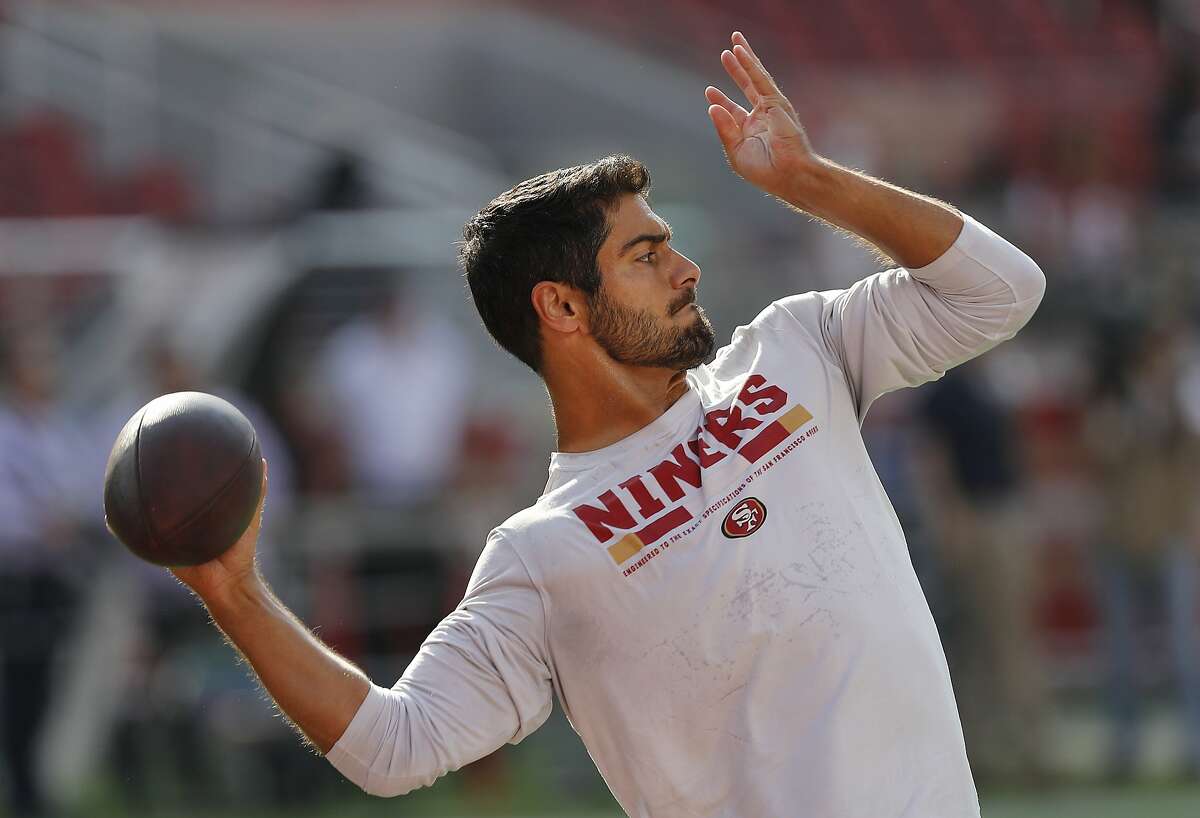 San Francisco 49ers quarterback Jimmy Garoppolo warms up before