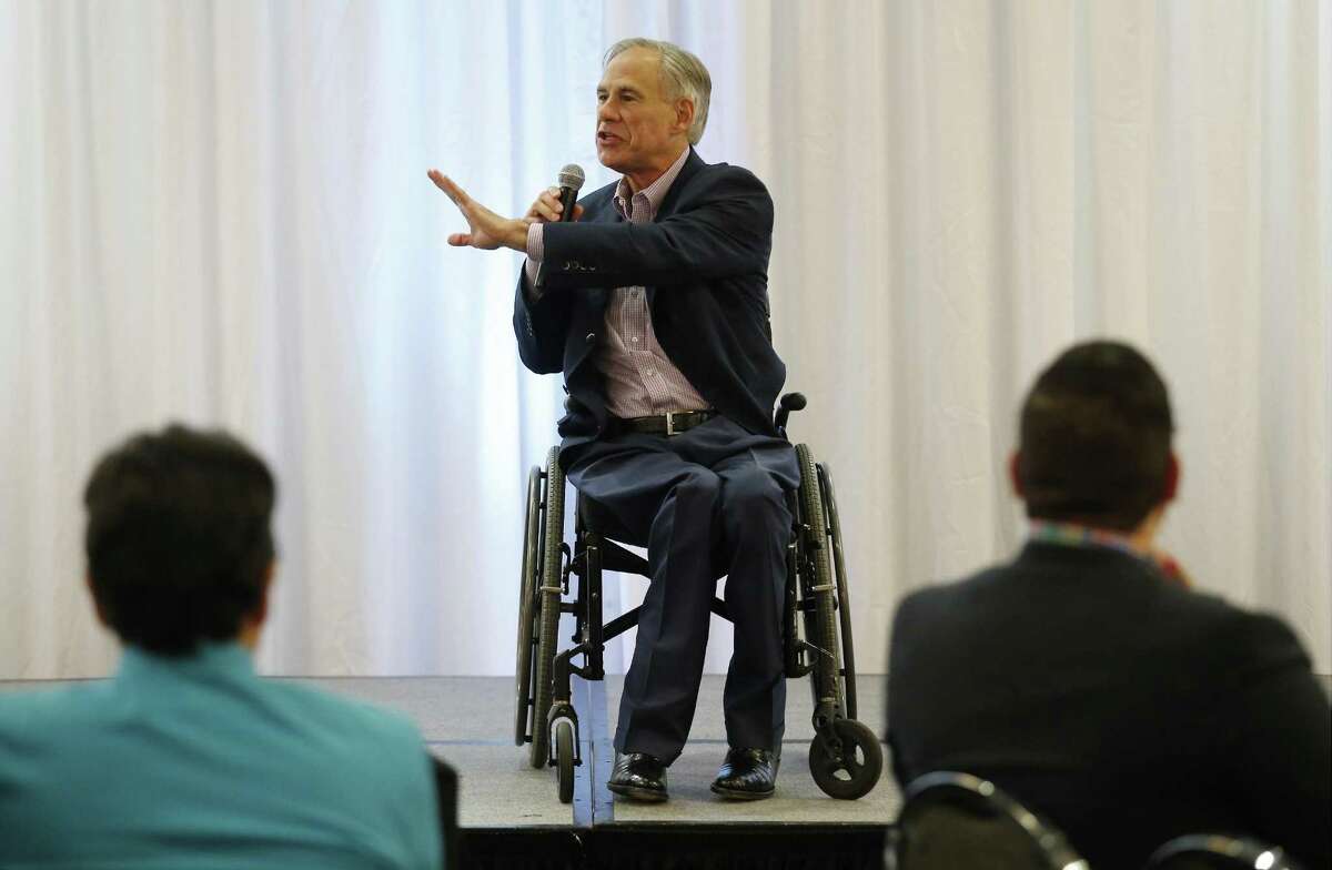 Texas Governor Greg Abbott addresses an audience at the Hispanic Leadership Conference at Norris Conference Center on Saturday, Oct. 7, 2017. Republican Gov. Greg Abbott preaches frugal state spending, but showers top staffers with six-figure salaries that exceed those paid in California, Florida and all other big states. (Kin Man Hui/San Antonio Express-News)