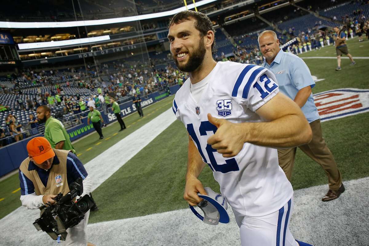 SEATTLE, WA - AUGUST 09: Quarterback Andrew Luck #12 of the Indianapolis Colts heads off the field after the game against the Seattle Seahawks at CenturyLink Field on August 9, 2018 in Seattle, Washington. The Colts beat the Seahawks 19-17. (Photo by Otto Greule Jr/Getty Images)