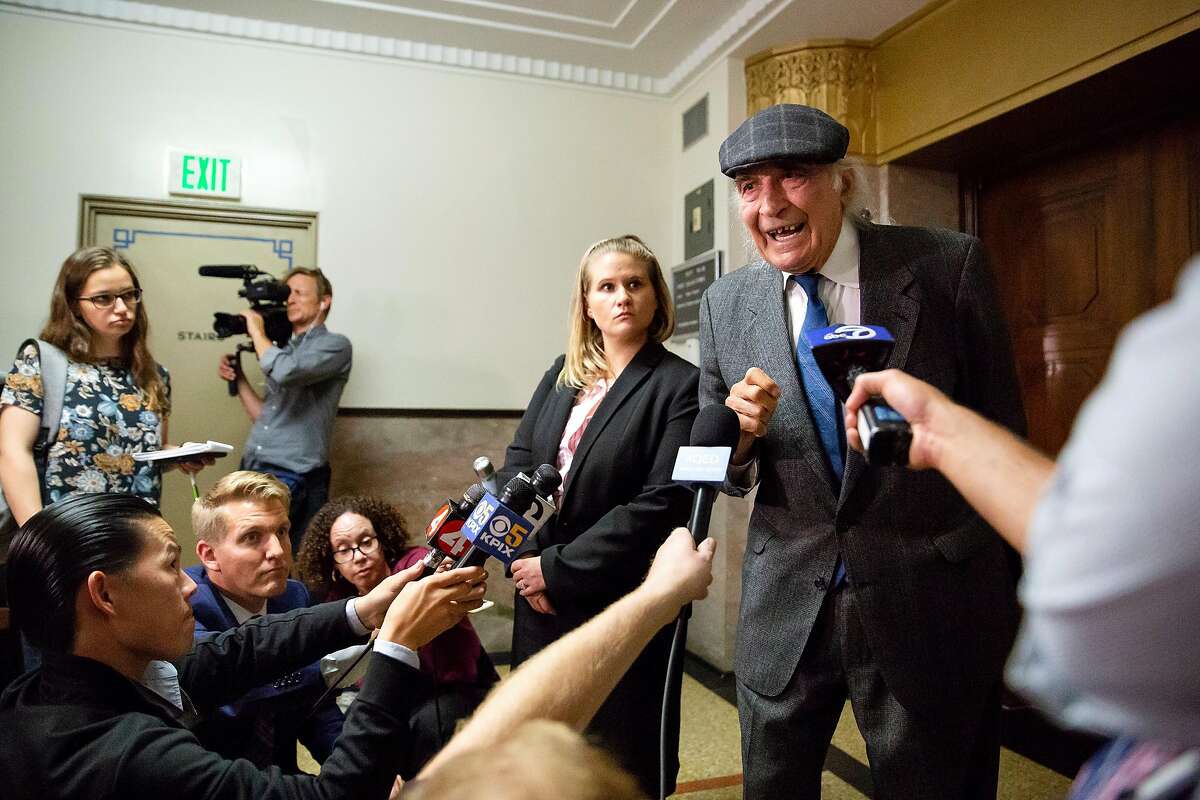 Tony Serra, Derick Almena's attorney, speaks to the press following the judge rejected the plea deals during the final day of the sentencing hearing of the Ghost Ship fire defendants Derick Almena and Max Harris in Oakland, Calif. on August 10, 2018.