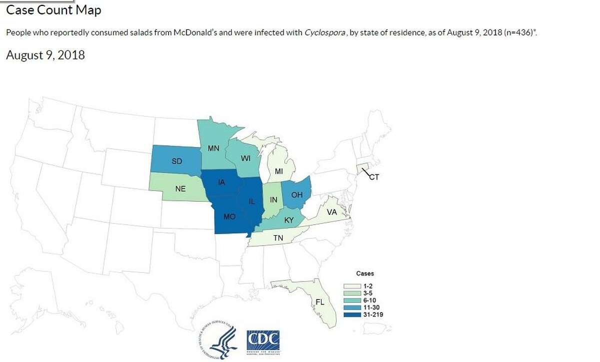 The U.S. Centers for Disease Control and Prevention map showing states where people who reportedly consumed salads from McDonald?’s and were infected with Cyclospora, by state of residence, as of August 9, 2018.