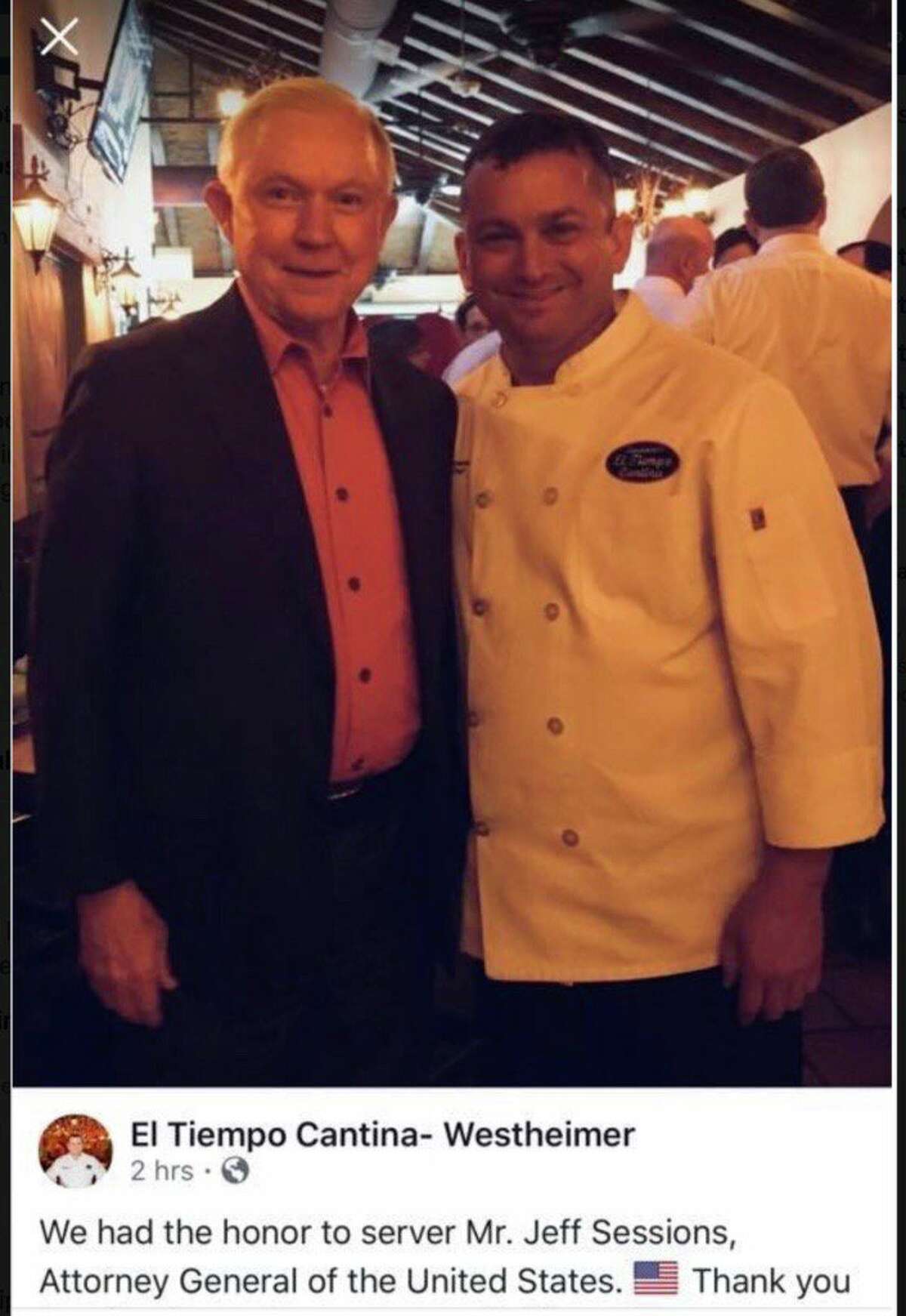 A photo of AG Jeff Sessions at the restaurant was posted on the now deleted social accounts of El Tiempo Cantina Friday. The chain appears to have deleted their social media accounts Saturday amid growing backlash. 